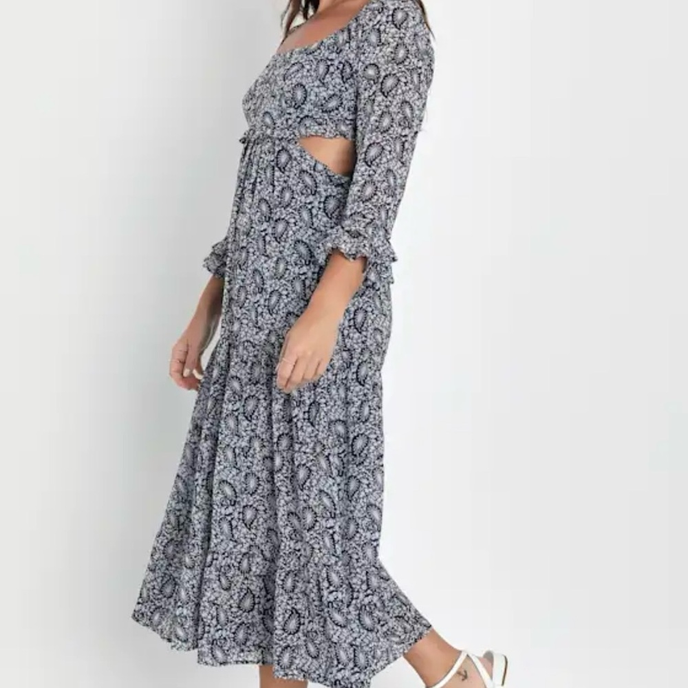 Lulus Blissful Sweetie Navy Blue Paisley Tiered Cutout Midi Dress NWT